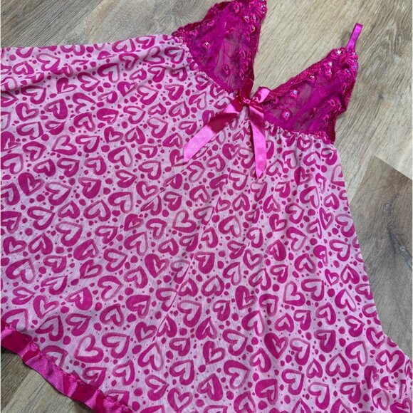 Y2K Pink Heart Print Sheer Lace Babydoll Nightgown Lingerie - Picture 2 of 5